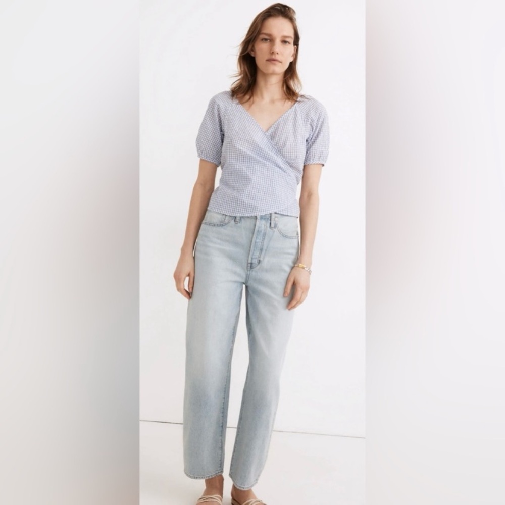 Madewell Blue and White Gingham Seersucker Wrap Top Size Medium - Picture 9 of 12